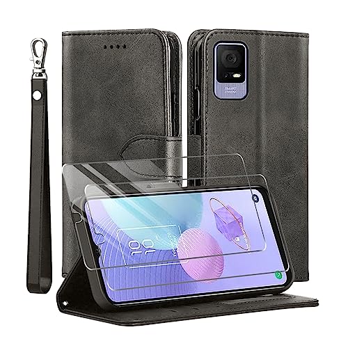 MQERYBV for TCL 405 / TCL 406 / TCL 408 Case and 2 Tempered Glass Screen Protector, Leather Wallet Phone Case with Card Slots Magnetic Closure Kickstand Protective Cover for TCL 405 - Black