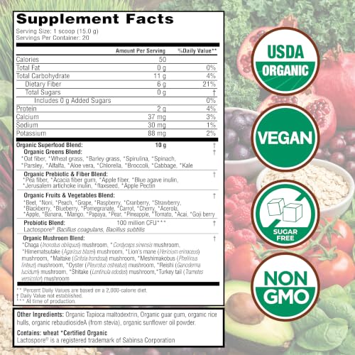 Country Farms Organic Super Greens Powder, 50 Organic Superfoods, Daily Greens Drink Mix with Fruits, Vegetables, Fiber, Probiotics & Mushrooms, Supports Energy, Gut Health & Digestion, Natural Flavor