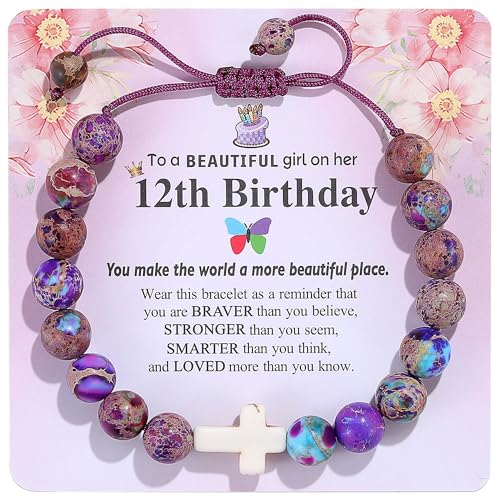 YUCSAWJK 6th/7th/8th/9th/10th/11th/12th/13th/Girls Birthday Gift Cross Natural Stone Bracelet, for Daughter Granddaughter Friend Niece Teenage Girl Beaded Fashion Bracelet (12th)