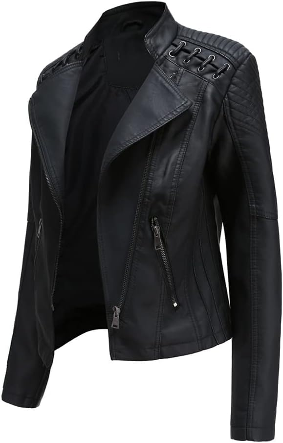 Sister Amy Women PU Leather Jacket Women Bomber Jacket Cropped Jacket Moto Coat for Biker Medium Black