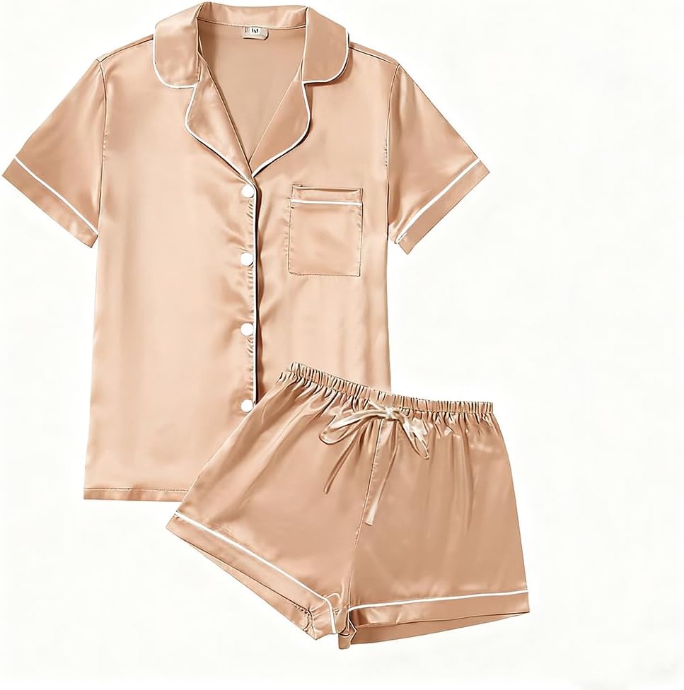 Pijama feminino de manga curta com botões macios, conjunto de 2 peças de shorts de cetim