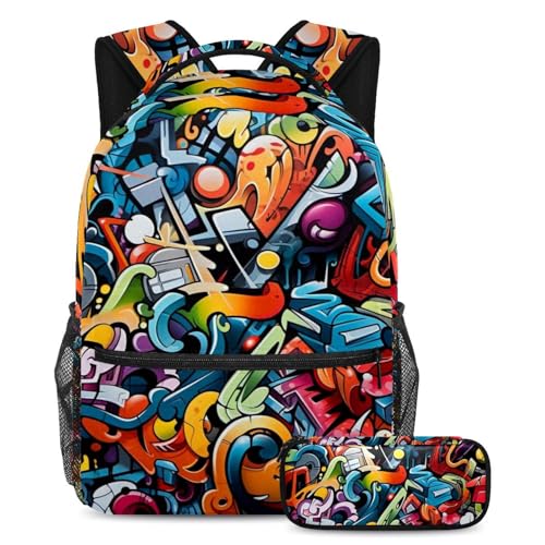 Cartable de grande capacité anti mal de dos pour adolescents, sac à dos graffiti 2 pièces