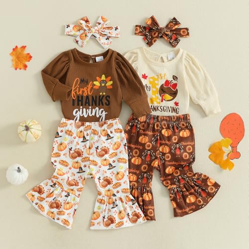 My First Thanksgiving Baby Girl Outfit Newborn Puff Sleeve Ribbed Knit Turkey Bodysuit Flare Pant Headband Clothes4