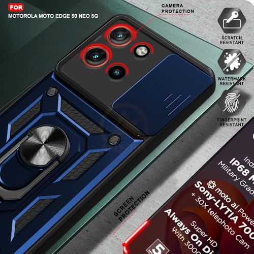 Image of Armor Bumper Back Cover Case for Motorola Moto Edge 50 Neo 5G | Rotating Camera Cover, Ring Holder & Kickstand | Heavy Duty & 360 Degree Protection Back Cover (Blue)