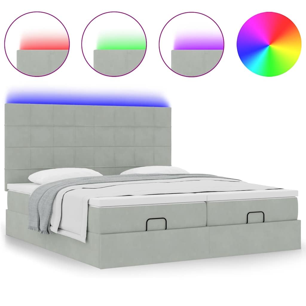 Łóżko otomana z materacami i diodami LED, jasnoszare, 160 x 200 cm, aksamitny materiał, duża przestrzeń do przechowywania, materac ze sprężynami kieszeniowymi, wygodna nakładka na materac do