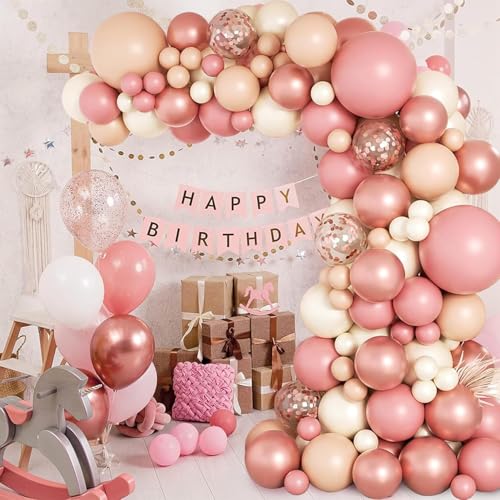 Image of 67 Pcs Retro Dusty Pink Cream Beige Balloons with Rose Gold Chrome Balloons Arch Garland Kit for Welcome Wedding Birthday Anniversary Party Decorations (DP 2)