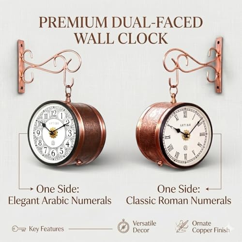 Image of Handcrafted Double Side Metal Analog Vintage Wall Clock | 1.5 Year Machine Warranty | 6 INCHES | 1 Side Number 1 Side Roman,Color Copper