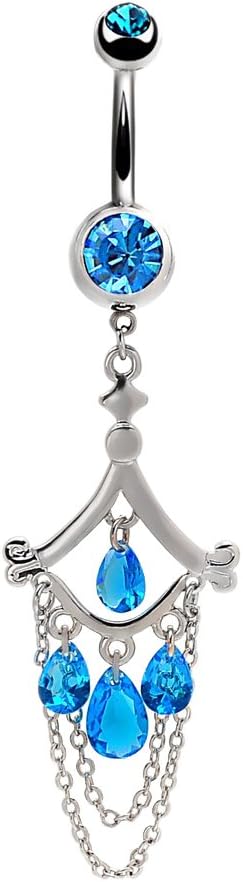 MutresoBelly Navel Ring Surgical Steel Teardrop Crystal Sapphire Chandelier Dangle Curved Barbell Bananabell Piercing