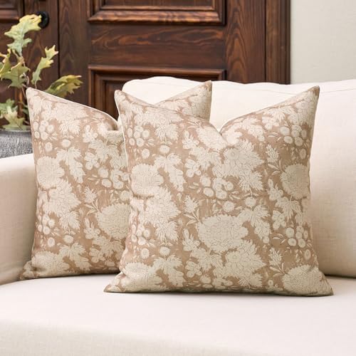DOMVITUS Floral Pillow Covers 18x18 Set of 2, Vintage Block Print Pillow Covers Neutral Decorative Farmhouse Throw Pillow Covers for Bed Couch Living Room Light Camel by DOMVITUS - Used condition - US$18.52