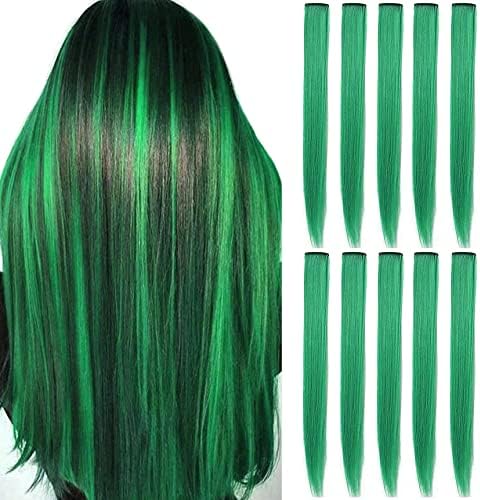 ECOCHARMS Colored Clip in Hair Extensions 21 inch Rainbow Heat-Resistant Straight Highlight Hairpieces Cospaly Fashion Party Christmas Gift For Kids Girls 9 pcs (Green)