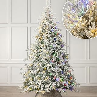 Christow Pre-Lit Flocked Christmas Tree 8ft with Dual-Colour LED Lights (Switch from Warm White to Multi-Coloured), Verbier Fir, PE & PVC Tips, 11 Modes – Colour Changing, Timer, 240cm Diameter