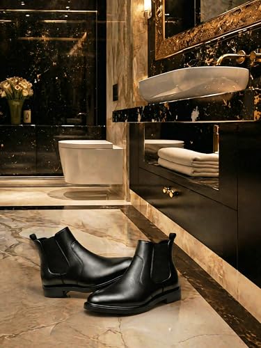 Image of Zurefa Men Genuine Leather Chelsea Boots Matte Black Slip-On Ankle Boots Cushioned Insole Anti-Slip rubber Sole Casual Formal Office Boots for Men (Model ZF-101)