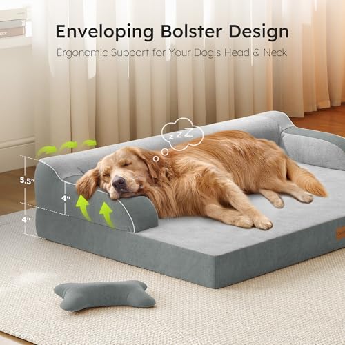 CWAWZ XL Plus Orthopedic Dog Bed, Big Dog Bed for Large Sized Dogs, Dual-Sided Pet Cooling Beds with Memory Foam Washable Cover Nonslip Bottom, Waterproof Pet Couch with Bolster, Light Grey by CWAWZ - Image 4