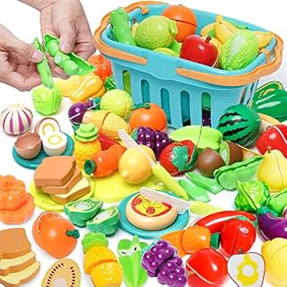 75 szt. zabawka do krojenia żywności dla dzieci kuchnia udawanie owoców i warzyw akcesoria z koszem do przechowywania zakupów, plastikowe mini naczynia i nóż, zabawka edukacyjna dla małych dzieci