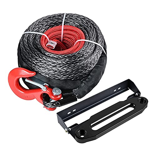 amopacorp 95 feet 3/8 inch Synthetic Winch Rope Recovery 20,500 lbs with Red Hook and 10 inch Hawse Fairlead 254mm Flip-Up License Plate Holder