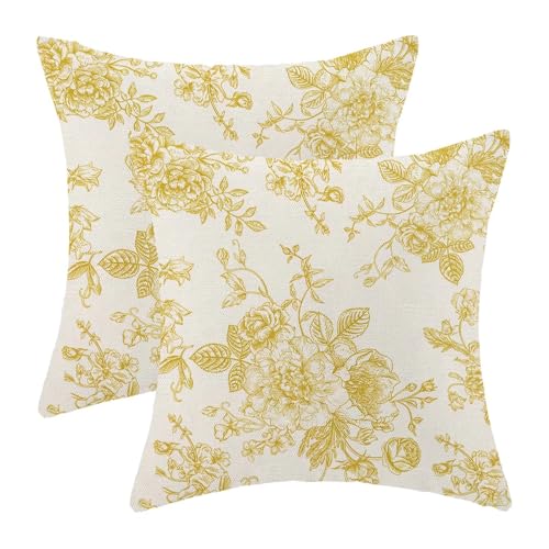 AEIOAE Yellow Floral Pillow Covers 18 x 18 Inch Set of 2, Vintage Chinoiserie Flower Decorative Throw Pillow Covers Outdoor Linen Farmhouse Decor Pillowcase for Home Sofa