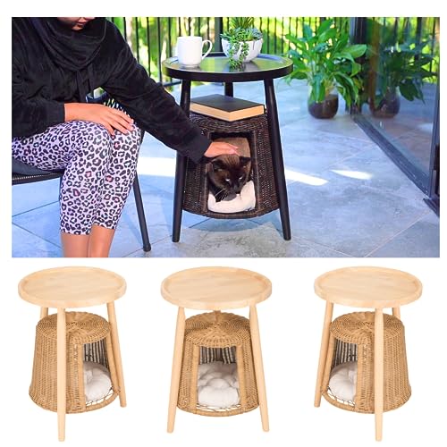 ANSCHAUN Cat Condo Side Table, 2-in1 End Table & Cat Bed, Kitten Hideaway Cave House Washable Cushion, Decorative Pet Furniture, Coffee Table Hideout Hut (Nature Rattan Classic Wood Top)
