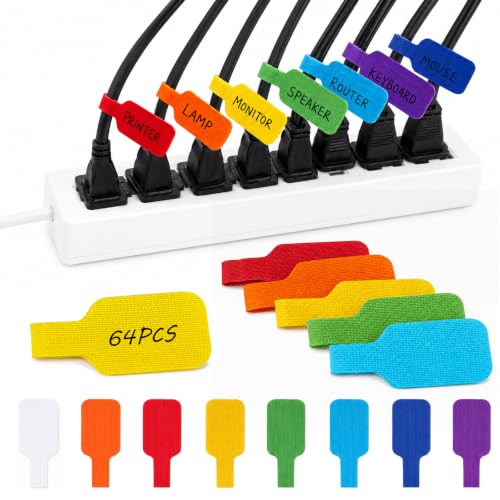 Image of 64 Pcs Multi‑Color Reusable Cable Labels, Write‑On Waterproof Cable Tags, Hook and Loop Fastener Cable Markers, Self‑Adhesive Cord Tags Stickers, for Wire Cord Management & Identification