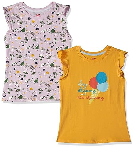 Image of Amazon Brand - Jam & Honey Girls Cotton Graphic Printed Half Sleeves T-Shirt | Regular Fit | Soft & Breathable | Age 2-8 Years (Available in Pack of 5 & Pack of 3)