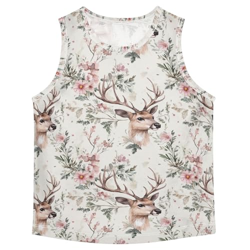 Boys Tank Top Shirts Lovely Deer Watercolor Flower Sleeveless T-Shirts Crew Neck for Kids Clothing Children