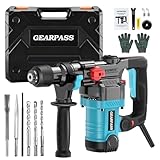 SDS-Plus Bohrhammer 1500W, 7,4J kompatibel mit SDS+ System, 3 in 1 Schlagbohrmaschine & Abbruchhammer, 6-Gang 0–1100 U/min, 360° Zusatzgriff 32 mm Beton Anti-Vibration für Beton,Metall,Holz