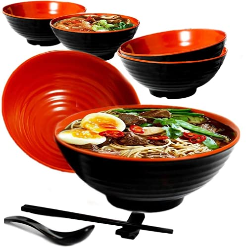 6 set Ramen Bowl Set, 24 pieces by Vallenwood. Asian Japanese soup with Spoons And Chopsticks, Restaurant Quality Melamine, Large 37 oz for Noodles, Pho, Noodle, Udon, Thai And Chinese Foods.