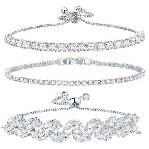 14K Gold Plated Tennis Bracelet Cubic Zirconia Classic Adjustable Bracelet Silver Bracelets for Women Girls Birthday Valentine Mother's Day Jewelry Gift