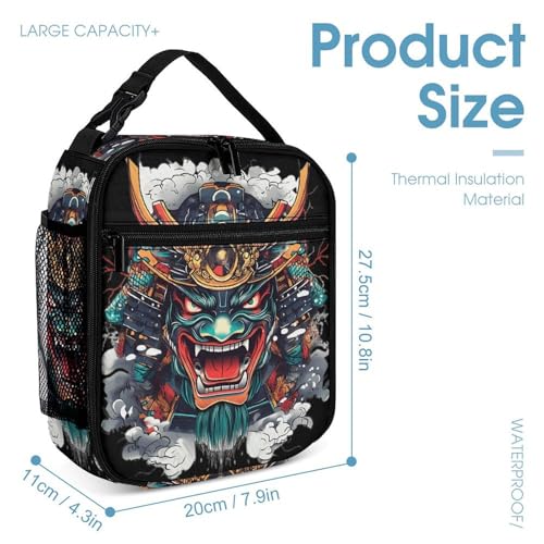 Oni Mask Japanese Armor Printed Backpack with Lunch Box Bag Pencil Case Pouch 3pcs Daypack Set for Women Men4