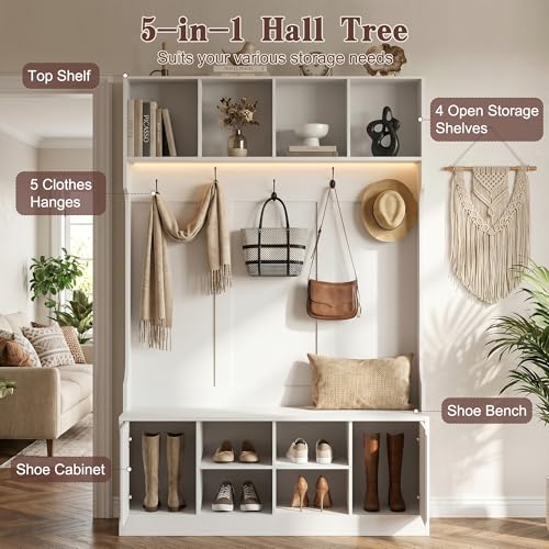 Hall-Tree-with-Bench-and-Shoe-Storage-5-in-1-Entryway-Coat-Rack-with-LED-Sensor-Light-Hooks-and-Storage-Cubes-Shoe-Cabinet-with-Fluted-Door-Modern-Hall-Tree-for-Entryway-Living-Room