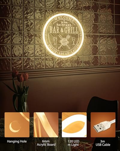 Image of Bar & Grill Neon Sign for Home Bar Wall Art Decor, Dimmable LED Neon Lights Bar and Grill Signs for Backyard Patio Garden Yard BBQ Birthday Party, Grilling Light Up Sign for Housewarming Gifts