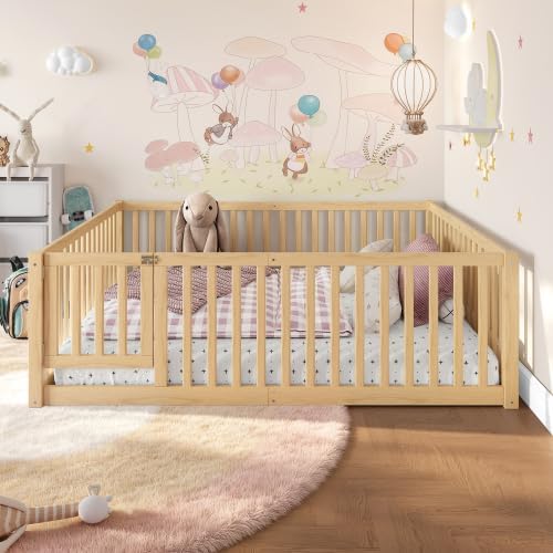 Bellemave Full Size Kids Floor Bed with Safety Guardrails & Door, Woode Montessori Floor Bed Frame, Kids Full Bed Frame for Girls Boys, White