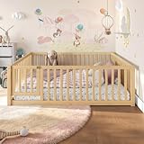 Bellemave Full Size Kids Floor Bed with Safety Guardrails & Door, Woode Montessori Floor Bed Frame, Kids Full Bed Frame for Girls Boys, White
