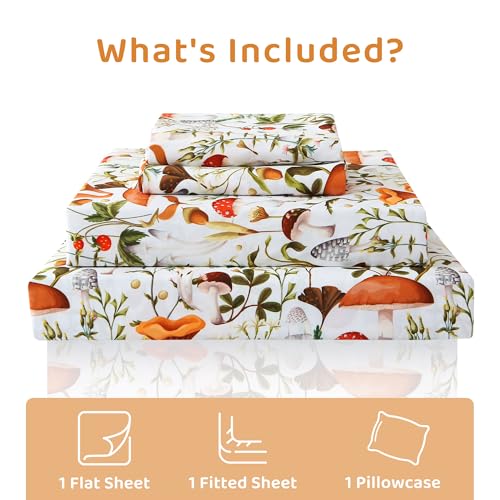 Image of Mooreeke Cozy Vintage Microfiber Printed Twin Sheet Set - Soft & Breathable Mushroom Forest Bed Sheets with Extra Deep Pocket - Non-Slip Fitted Design - Jungle Mushroom Leaves Pattern - Twin