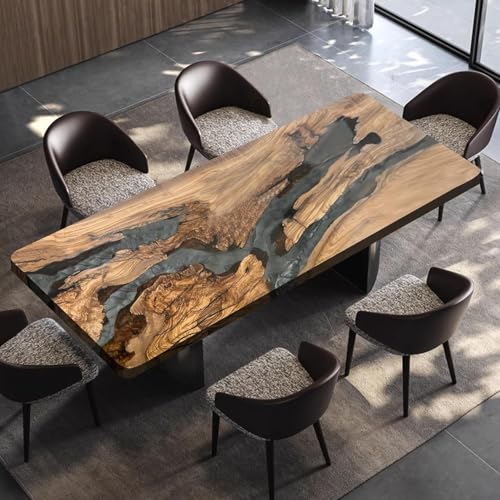 FOEVAFLO Olive Wood Custom Epoxy Resin Dining Table, Ocean Wave, River, Solid Wood Indoor Modern Kitchen Table Furniture for Dining Room