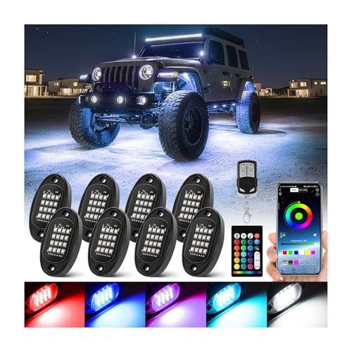 8 Pods Segmented RGB LED Rock Lights for Trucks Golf Cart Offroad Pickup SUV UTV, 12V Waterproof Underglow Lights Kit with APP/RF Multi Zone Control, Neon Multicolor Underbody Light with Brake