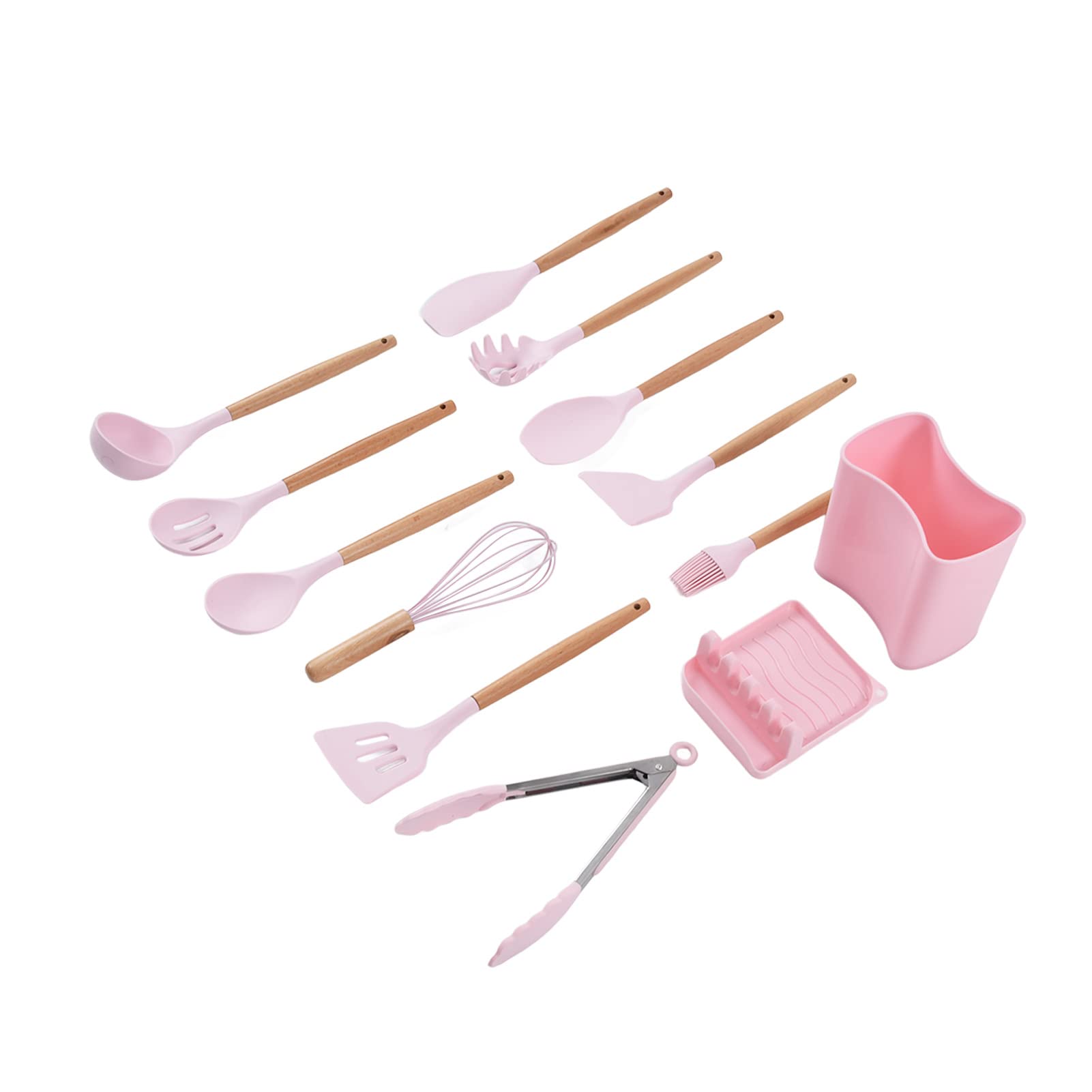 Set di Utensili in Silicone 13 Pezzi Utensili da Antiaderenti Durevoli con Manico in Legno per Casalinga e Campeggio