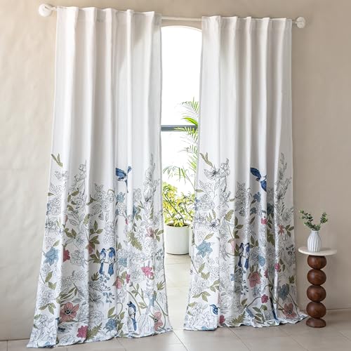 Image of Tranquebar Curtain Co. Window Curtains 6 Feet, 60-65% Room Darkening, Blue Floral & Bird Print, Cotton Curtains for Window, Cotton Curtains 6 Feet Long Set of 2, BackTab Loops, Dia (183 cm) - Set of 2