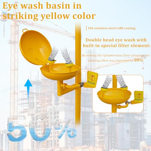 Image of Emergency Shower Eye Wash Station Safty Shower Combination Eye Wash Station with Shower, NPT Thread, 304 Stainless Steel+Yellow Coating with Emergency Sign First Aid Eyewash Station (Yellow)