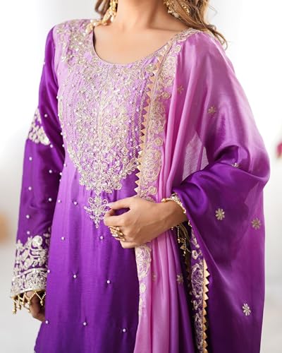 Image of Pandadi Saree Women's Chinon Silk Embroidery Kurta Sharara Set With Dupatta.