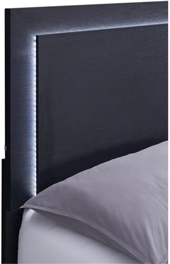 Pemberly Row Contemporary Wood Full Bed, Black and Gold Finish, LED Lighting, Touch Button Headboard, Sturdy Construction, 50.5" H x 41.25" W x 79.25" D, Modern Design for Kids or Guest Bedroom Use