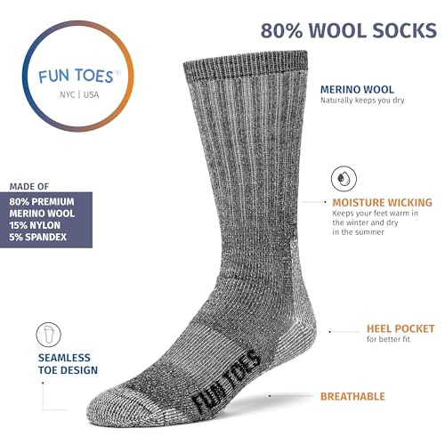 FUN TOES Merino Wool Socks For Men Hiking Boot Thermal Warm Cushioned Crew 6 Pairs4