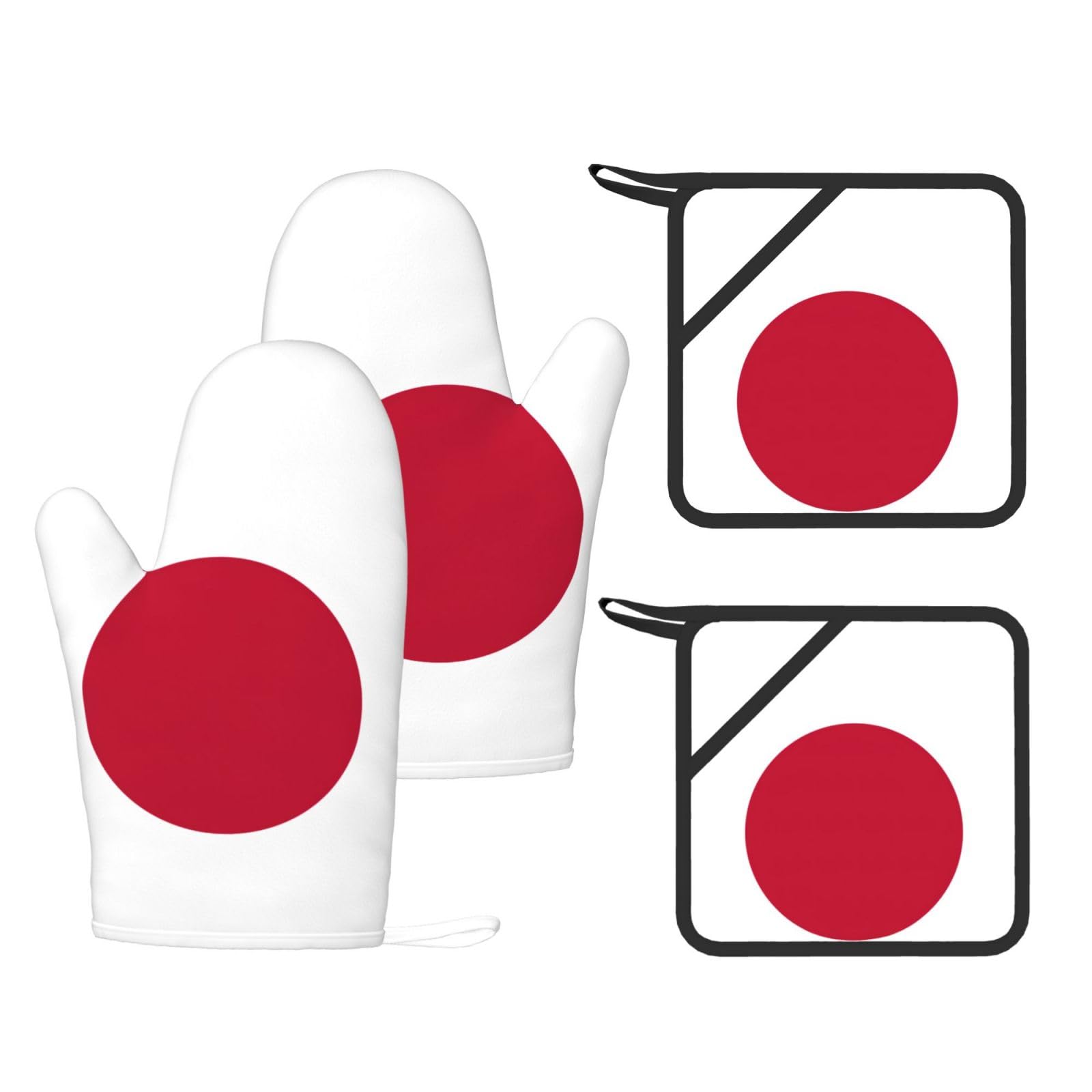 Japanese flag Printed Kitchen Oven Gloves and Potholder 4 Pcs, Non-Slip Heat Resistant Mitts for Baking Chef
