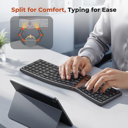 Image of MEETION Wireless Ergonomic Keyboard, Split S-Curve, Bluetooth & 2.4G, Black | Rechargeable full-size keyboard with slim low-profile keys, Bluetooth and 2.4G wireless for Windows, Mac, PC and laptop