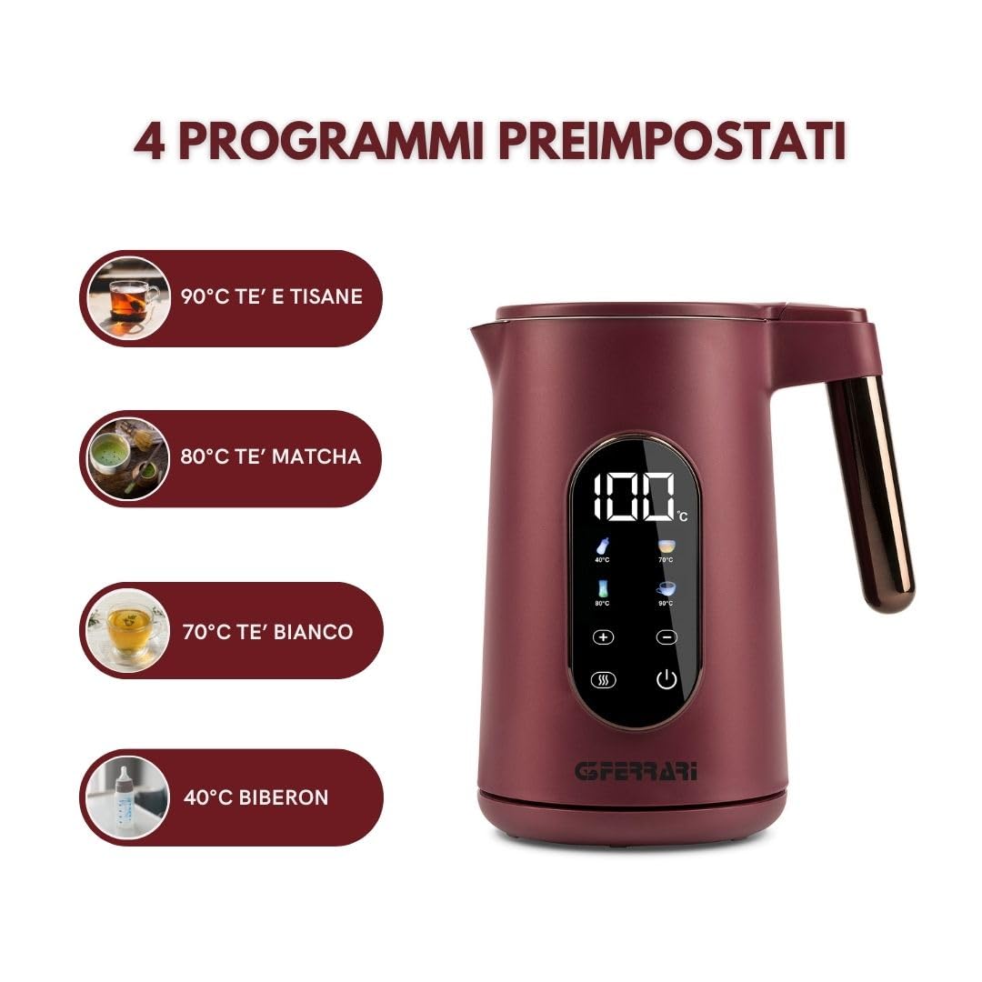 G3 Ferrari G10205 Tisaniere Tech czajnik, 1,7 l, 4 wstępnie ustawione programy, ekran dotykowy, regulacja temperatury, podstawa z obracaniem o 360°C, herbata matcha, biała herbata, herbata ziołowa,