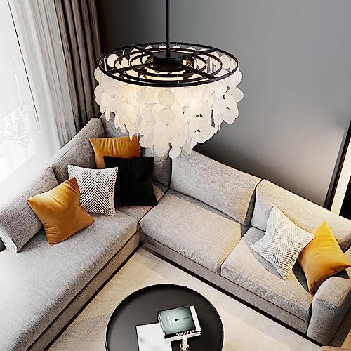 JC TOPA 17.7” Capiz Shell Chandelier, 4-Light Coastal Modern Chandeliers, Black Hanging Pendant Light for Dining Room, Living Room, Bedroom, Kitchen Island, Foyer, E12 - Image 5