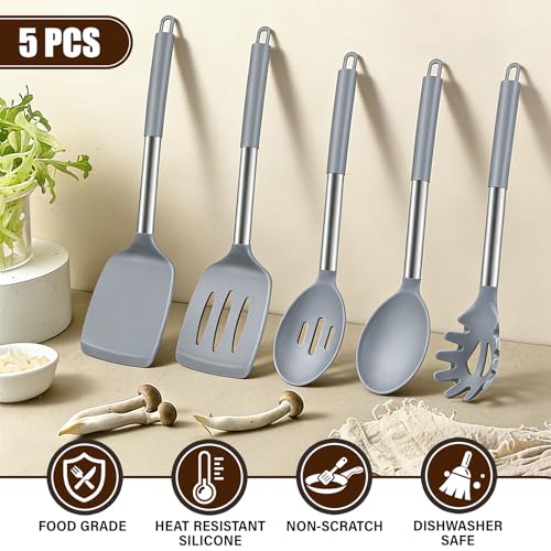 Image of 5Pcs Silicone Cooking Utensils Set, Heat Resistant Kitchen Tools Include Solid&Slotted Spatula, Cooking Spoon and Pasta Server, Silicone Kitchen Utensils set for Nonstick Cookware Flipping, Gray