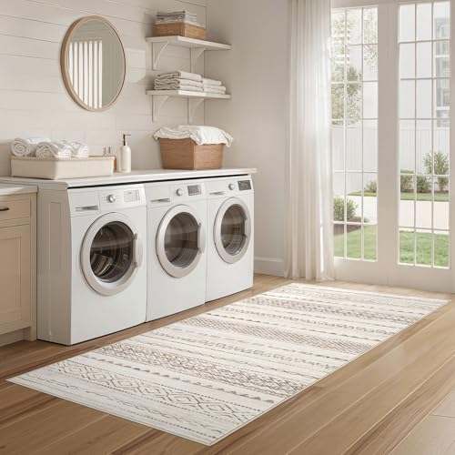 Nakagishi Runner Rug Kitchen Washable Rugs: 2x6 Non-Slip Boho Soft Modern Stain Resistant Indoor Floor Neutral Farmhouse Throw Carpet for Hallway Bathroom Laundry Room Entryway Bedroom- Brown