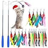 Federspielzeug Katzenspielzeug,Interaktive Katzen Spielzeug Feder 20 Stück Feder Teaser Spielzeug mit 2 Teleskopstange Natürlich federspielzeug für Katzen und Kätzchen für die Ausbildung und Übung