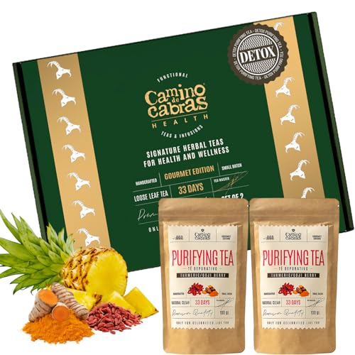 CAJA INFUSIONES REGALO DETOX | Té Depurativo & Diurético | Vientre Plano, Infusión Drenante, Te Verde, Cola de Caballo, Diente de León, Cúrcuma, Jengibre, Menta, Bayas de Goji, Piña, 2 PACK x 100g