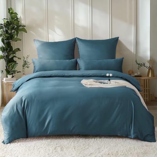 SOULFUL Satin Bettwäsche 200x200 Baumwolle Kühlend, Oeko-Tex, Pfauenblau – Ansicht 1